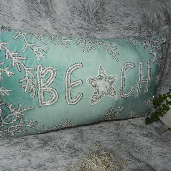 Admaira Home Beaded "Beach" Decorative Throw Statement Suede Pillow Aqua NWT - Picture 4 of 15